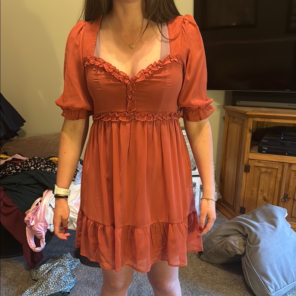 Trixxi Brown and Orange Smocked Puff Sleeve Sundress